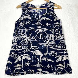 Sunny Leigh SILK  Sleeveless Tunic‎ Tank Top VTG Blue Tropical Island Size Large